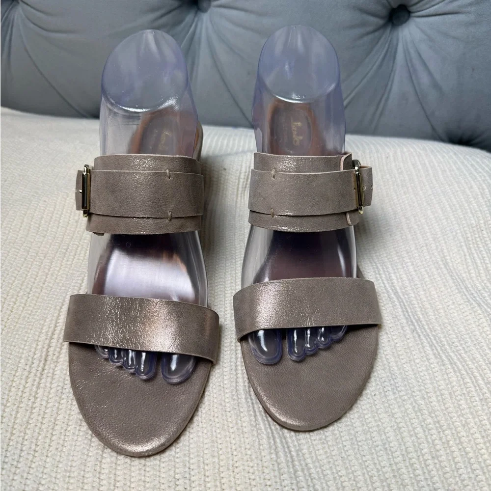 Clarks Ralene-Rose champagne‎ gold leather open-toe strap heeled sandal.